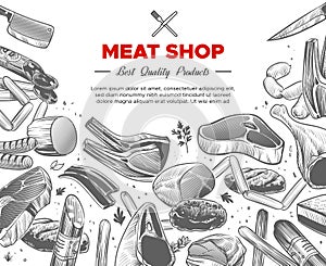 Sketch meat. Hand drawn meat organic products package design, beef and pork, sausage and lamb, ham and chicken, engraved photo