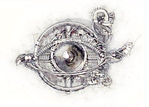 Sketch of a mechanical eye, 3D Illustration