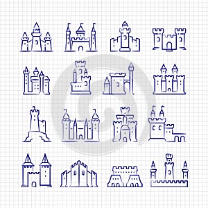 Sketch medieval castles set on lined page
