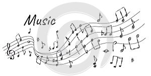 Sketch melody background with music stave wave, notes and signs. Doodle curved song line. Sound harmony. Classic music