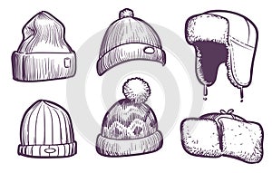 Sketch mens caps. Warm winter and autumn fashion hats design. Sports and knitted male and female wool headwear, seasonal