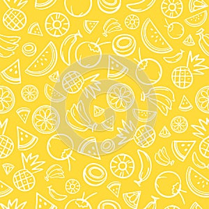 Sketch mixed tropical fruits seamless pattern background vector