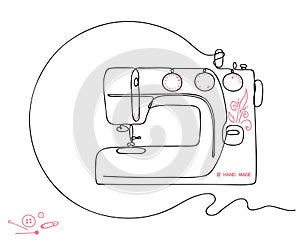 Sketch of modern electric sewing machine. Tailor equipment in hand-drawn continuous line style. Editable contour. Vector