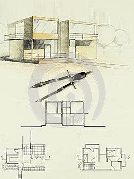 Sketch of modern house with compasses