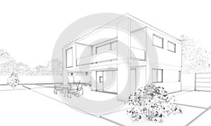 Sketch of modern house - villa, terrace and garden