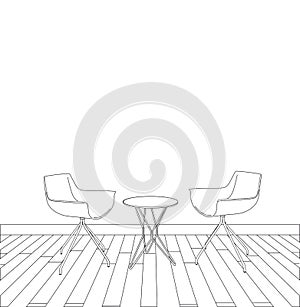 Sketch of modern interior table and chairs. vector illustration