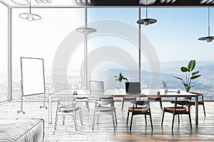 Sketch of modern loft office interior with panoramic city view, daylight, furniture and equipment. Design, repairs and workplace