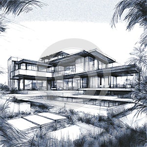 Sketch of a modern townhouse in a hi-tech style