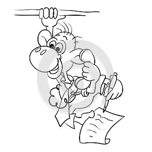 A sketch of a monkey that hangs on one hand holding on to a branch, in the other hand holds the telephone receiver, with its feet