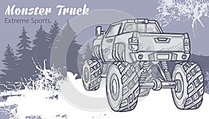 Sketch Monster Truck on the graphic forest landscape.