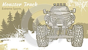 Sketch Monster Truck on the graphic forest landscape. Retro vector illustration. Extreme Sports. Adventure, travel