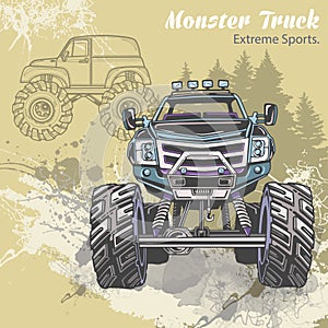 Sketch Monster Truck on the graphic forest landscape. Retro vector illustration. Extreme Sports. Adventure, travel