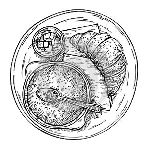 Sketch Morning food - oatmeal, croissant and butter.