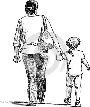 Sketch of a mother with her little daughter going on a stroll