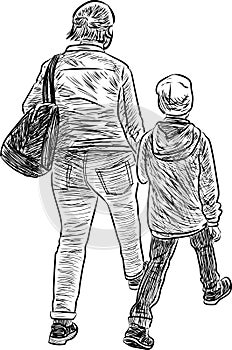 Sketch of mother with her little son striding along street