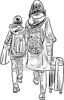 Sketch of mother with her son going in vacation with suitcase