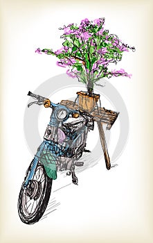 Sketch of motorbike classic with followers in Hanoi, free hand photo