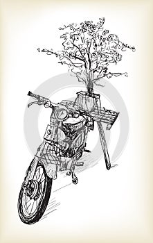 Sketch of motorbike classic with followers in Hanoi, photo