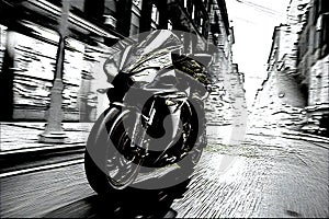 Sketch, motorcycle speeding through a city , motion blurr