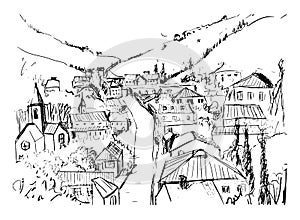 Sketch of mountain landscape with Georgian town hand drawn in black and white colors. Beautiful monochrome drawing with
