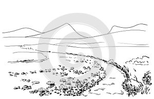 Sketch of mountain landscape with small river