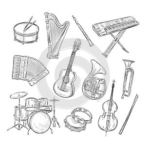 Sketch musical instruments. Drum harp flute synthesizer accordion guitar trumpet cello. Music vintage outline hand drawn