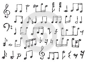 Sketch musical notes, rest, treble and bass clef. Grunge scribble music sign elements. Song or melody notation doodle