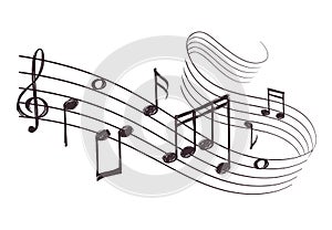 Sketch musical sound wave with music notes. Hand drawn vector illustration