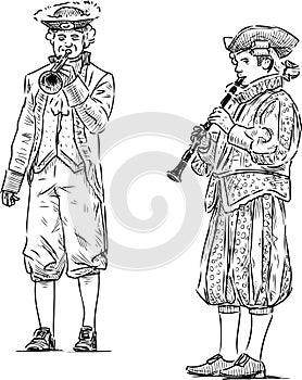 Sketch of musicians in carnival costumes playing trumpet and oboe