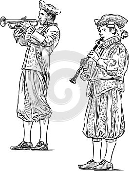 Sketch of musicians in carnival suits playing trumpet and flute