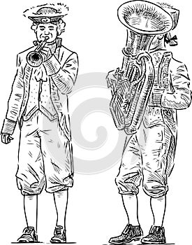 Sketch of musicians in carnival vintage suits playing trumpets