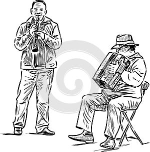 Sketch of musicians duet playing on accordion and flute