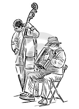 Sketch of musicians duet playing on double bass and accordion