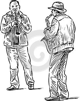 Sketch of musicians duet playing on oboy and saxophone