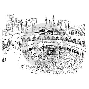 Sketch of Muslim, Islam man Pray in front of Kaaba in Mecca Saudi Arabia