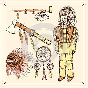 Sketch native american set in vintage style