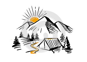 Sketch nature with mountains and camping. Design for textile, fabrics, graphics, prints, t-shirts.