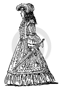 Sketch of noble lady with umbrella in luxury costume of 18th century