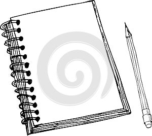 Sketch of notebook and pencil. Stationery for records.