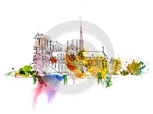 Sketch of Notre dame de Paris. Sketch with colourful water colour effects. Italy