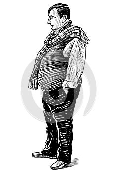Sketch of obese man with checkered scarf standing and thinking