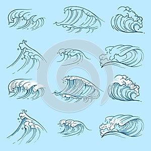 Sketch ocean waves. Hand drawn sea storm wave