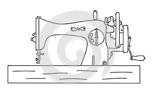 Sketch of old fashion wooden sewing machine. Tailor equipment in hand-drawn line style. Editable contour. Vector