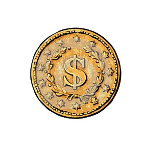 Sketch of old gold coin with dollar sign. Hand drawn vector illustration in retro style on white background. Money cash