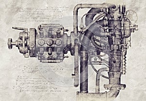 Sketch of an old machine, 3D Illustration