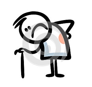 Sketch of old man bows down to the ground and leans on the stick. photo