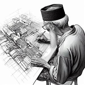 A sketch of an old man sketching a community housing photo