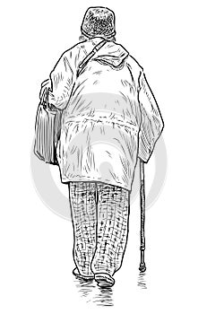 Sketch of old woman with cane walking along street