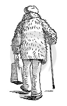 Sketch of old woman in fur coat with walking stick strolling outdoors