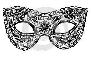 Sketch of one decorative carnival face mask for masquerade, party, vector hand drawing isolated on white